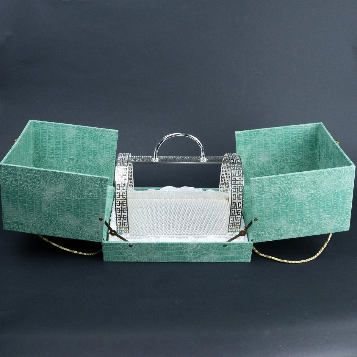 Silver Greek key decorative serving basket with raised handle for festive table décor