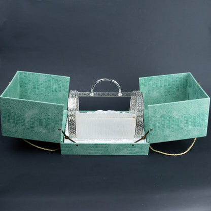 Silver Greek key decorative serving basket with raised handle for festive table décor