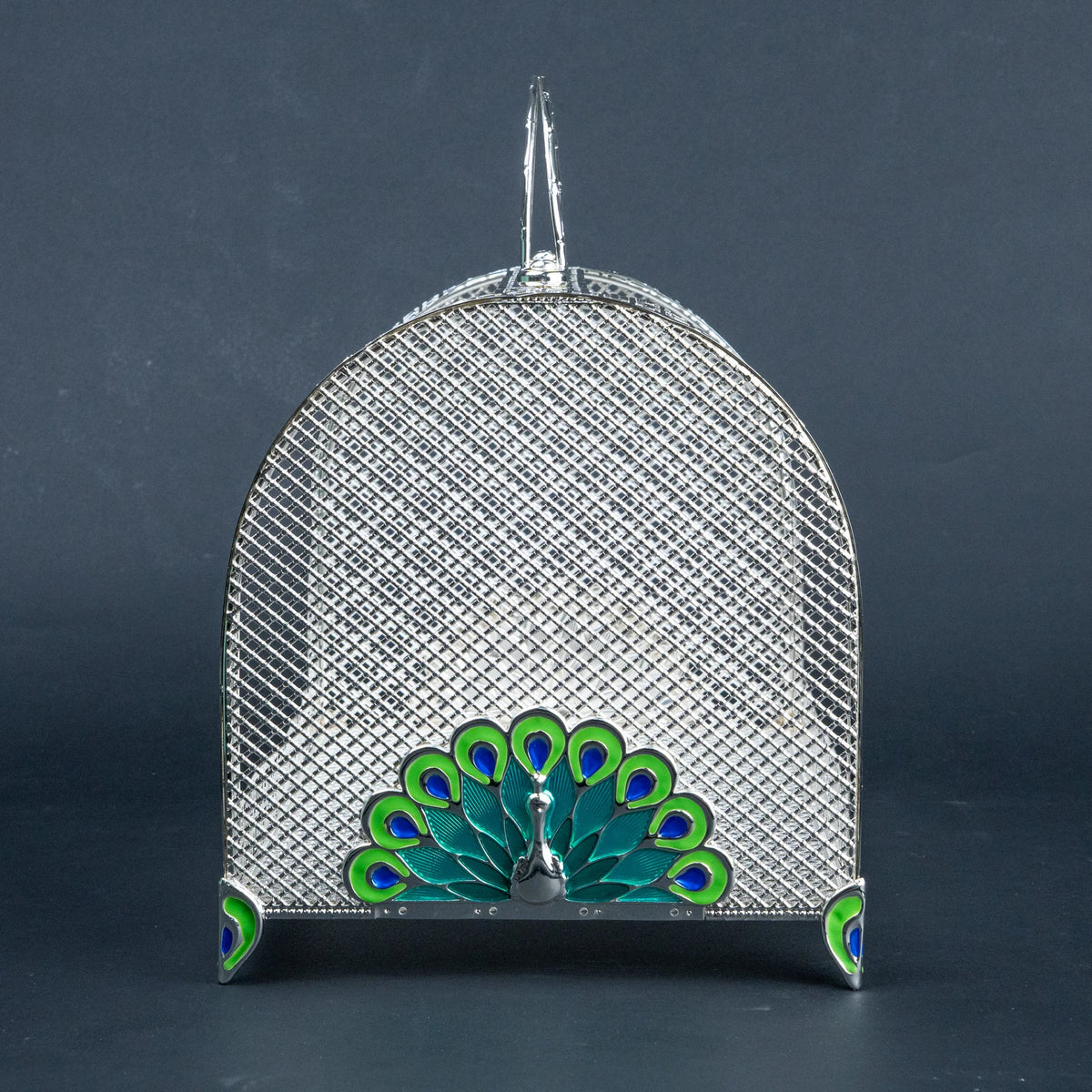 Luxury silver serving basket with Greek key detailing and raised metallic handle