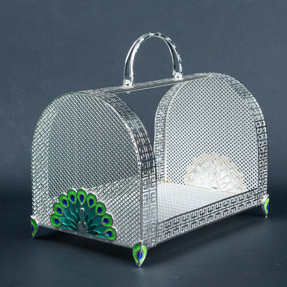Decorative silver serving basket with geometric Greek key border and raised handle