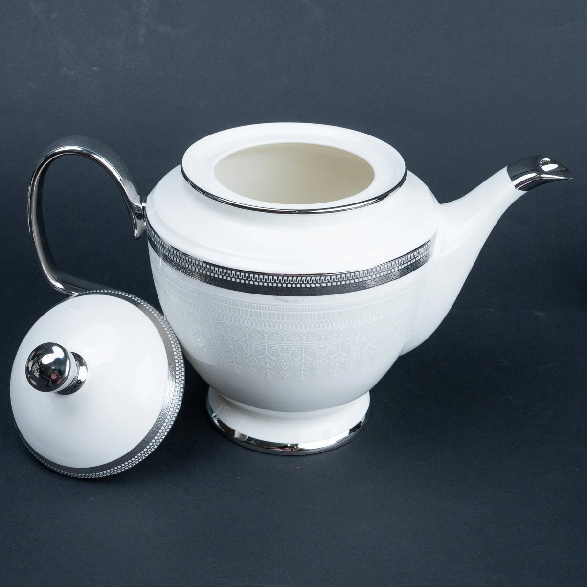 Luxury 15-Piece Tea Set with Teapot, 6 Cups, 6 Saucers, Sugar Bowl and Creamer | White and Silver Ceramic Tea Set with Premium Textured Gift Case | Diwali Gifting