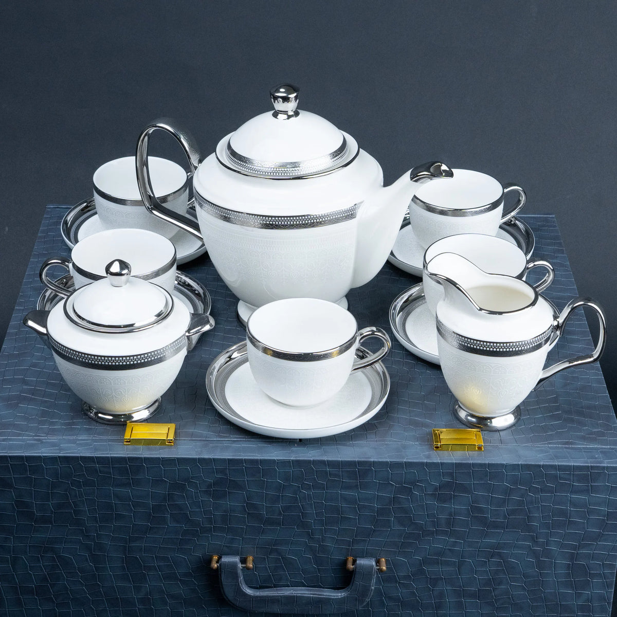 Luxury 15-Piece Tea Set with Teapot, 6 Cups, 6 Saucers, Sugar Bowl and Creamer | White and Silver Ceramic Tea Set with Premium Textured Gift Case | Diwali Gifting