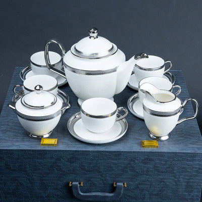 Luxury 15-Piece Tea Set with Teapot, 6 Cups, 6 Saucers, Sugar Bowl and Creamer | White and Silver Ceramic Tea Set with Premium Textured Gift Case | Diwali Gifting