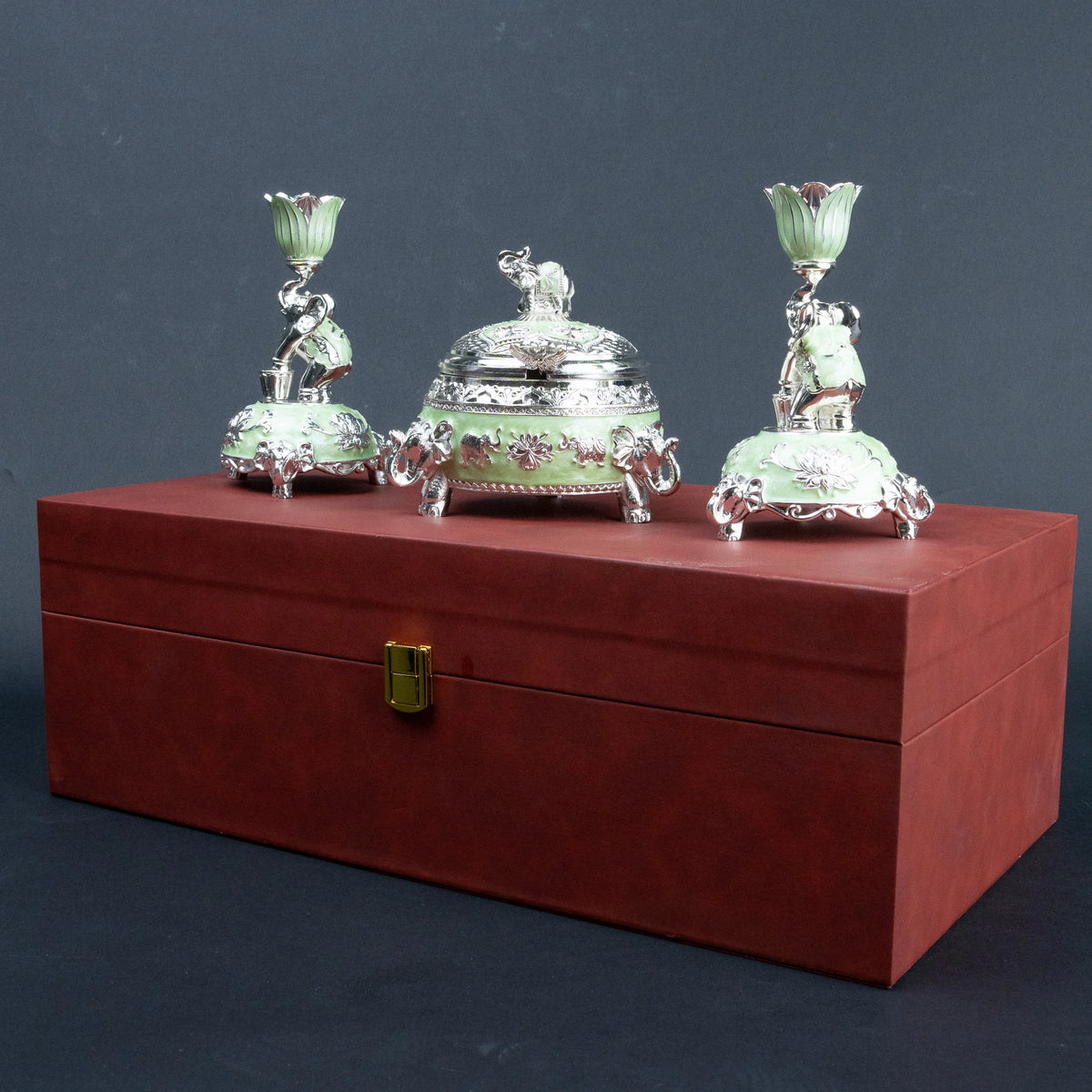 Luxury elephant lotus tabletop décor set with silver finish and mint green accents