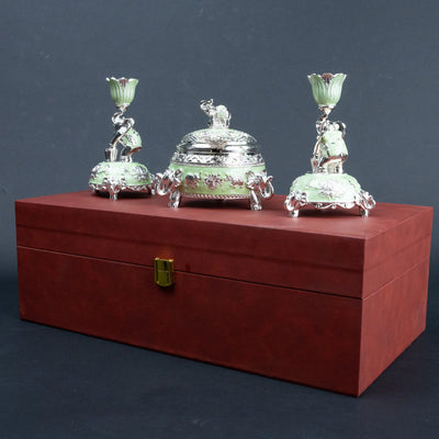 Elephant Decorative Set for Home Décor, Lotus Candle Holders with Lidded Bowl and Spoon, Mint Green and Silver Luxury Tabletop Set