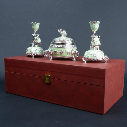 Luxury elephant lotus tabletop décor set with silver finish and mint green accents