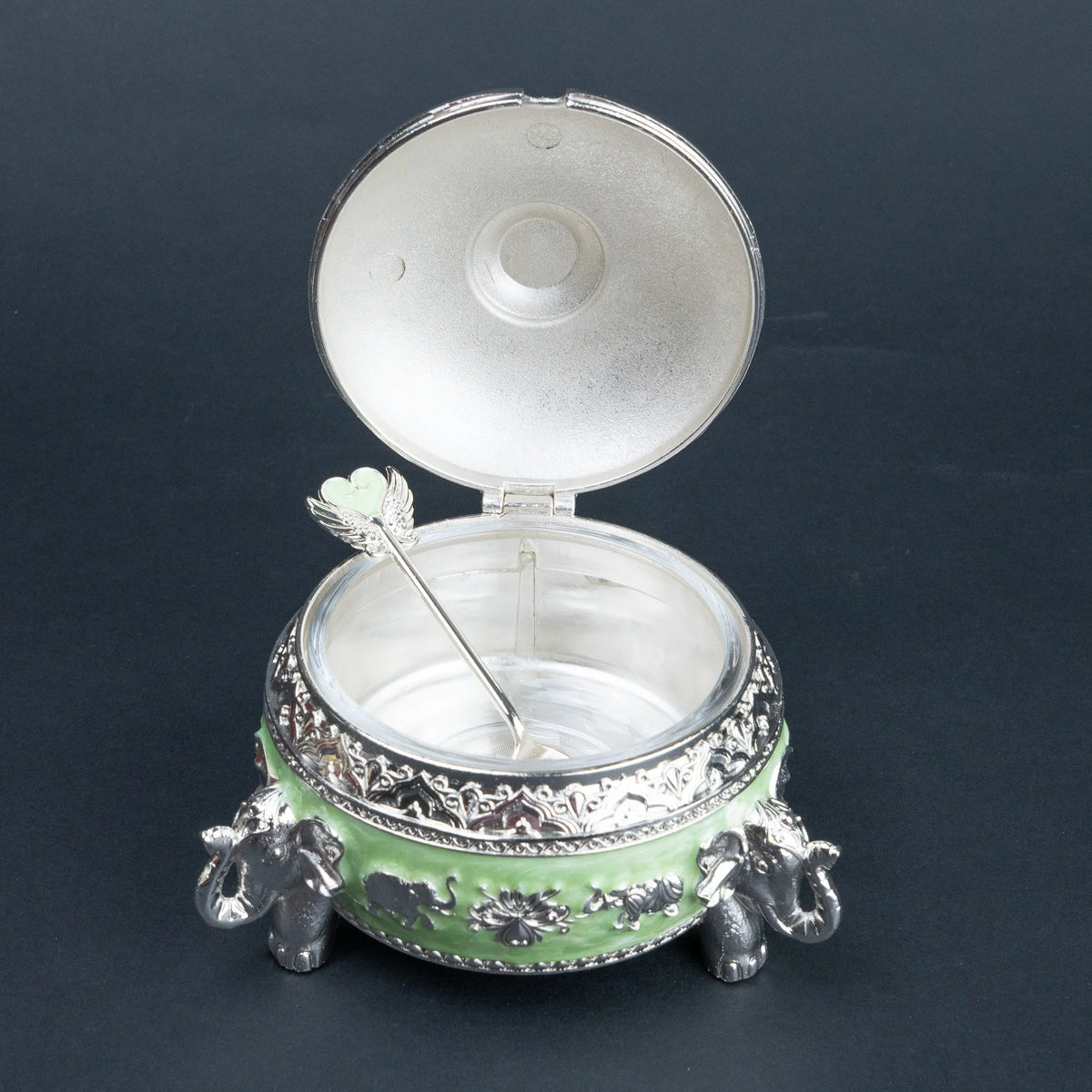Elephant Decorative Set for Home Décor, Lotus Candle Holders with Lidded Bowl and Spoon, Mint Green and Silver Luxury Tabletop Set