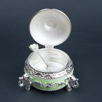 Elephant Decorative Set for Home Décor, Lotus Candle Holders with Lidded Bowl and Spoon, Mint Green and Silver Luxury Tabletop Set