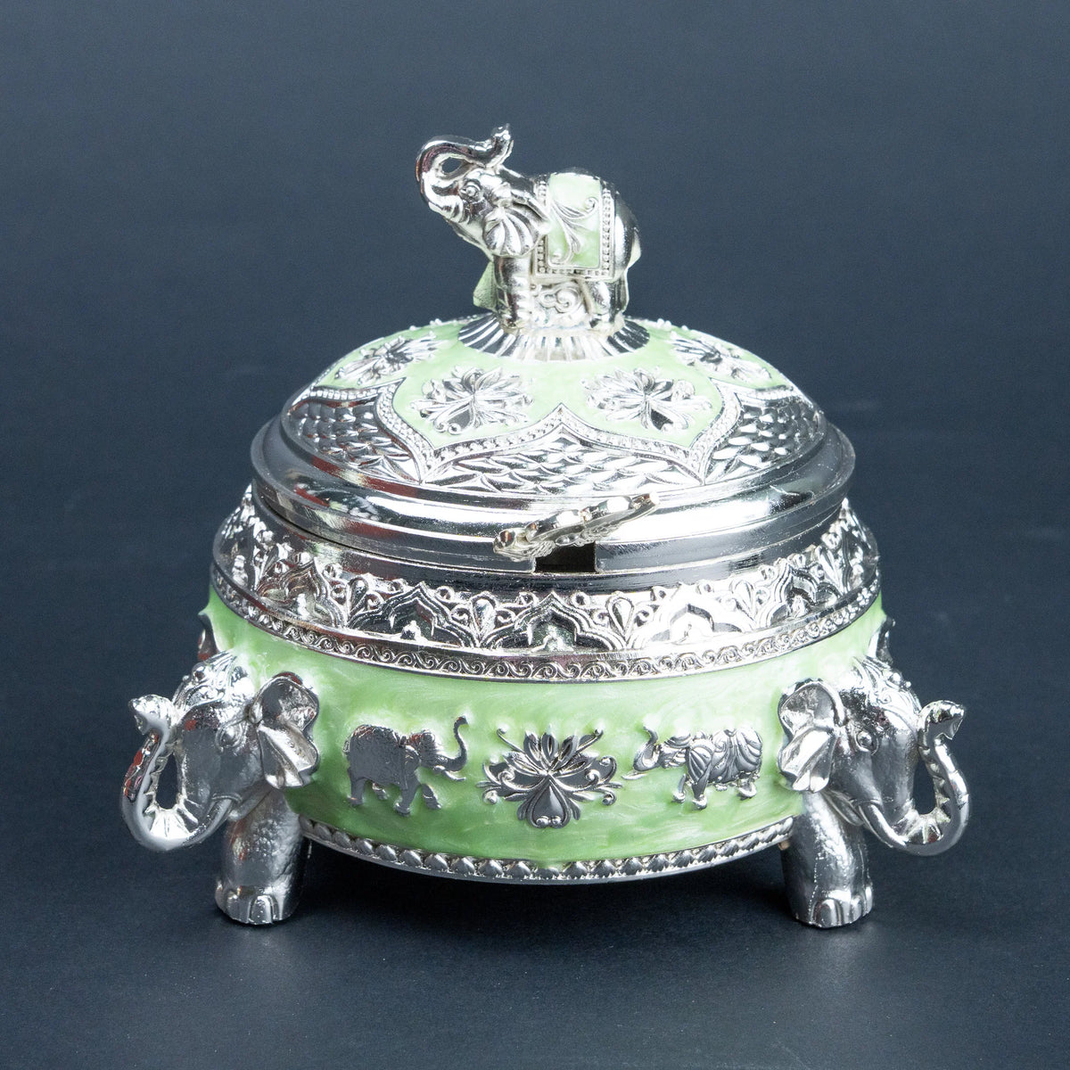 Elephant Decorative Set for Home Décor, Lotus Candle Holders with Lidded Bowl and Spoon, Mint Green and Silver Luxury Tabletop Set