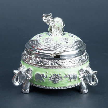 Elephant Decorative Set for Home Décor, Lotus Candle Holders with Lidded Bowl and Spoon, Mint Green and Silver Luxury Tabletop Set