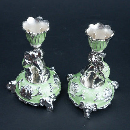 Elephant Decorative Set for Home Décor, Lotus Candle Holders with Lidded Bowl and Spoon, Mint Green and Silver Luxury Tabletop Set