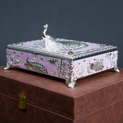 Ghar Art Pink Peacock Dry Fruit Box with Ornate Silver Peacock Design, 6-Compartment Decorative Storage Box | Luxury Diwali Gift for Home