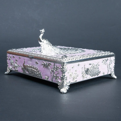 Pink and silver peacock jewellery box with six compartments and burgundy velvet-style interior