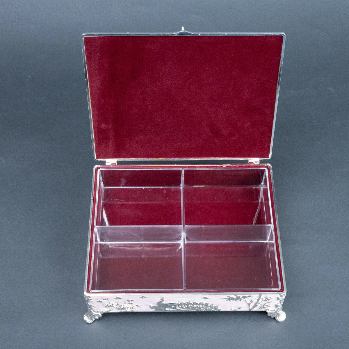 Royal peacock jewellery keepsake box with intricate silver floral and feather detailing