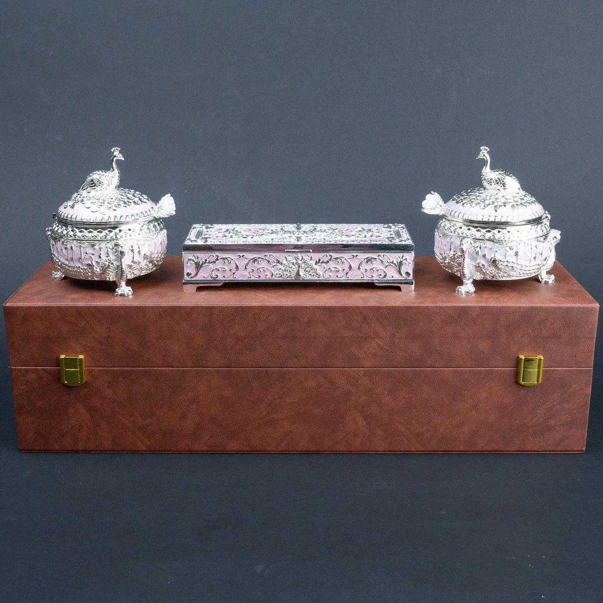 Royal Peacock 3-Piece Dry Fruit Box Set with Ornate Peacock Lids and Decorative Storage Case | Luxury Festive Diwali Gift for Home