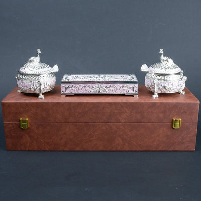 Royal Peacock 3-Piece Dry Fruit Box Set with Ornate Peacock Lids and Decorative Storage Case | Luxury Festive Diwali Gift for Home