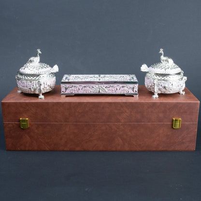 Royal Peacock 3-Piece Dry Fruit Box Set with Ornate Peacock Lids and Decorative Storage Case | Luxury Festive Diwali Gift for Home