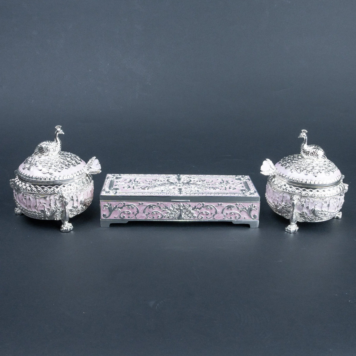 Royal Peacock 3-Piece Dry Fruit Box Set with Ornate Peacock Lids and Decorative Storage Case | Luxury Festive Diwali Gift for Home
