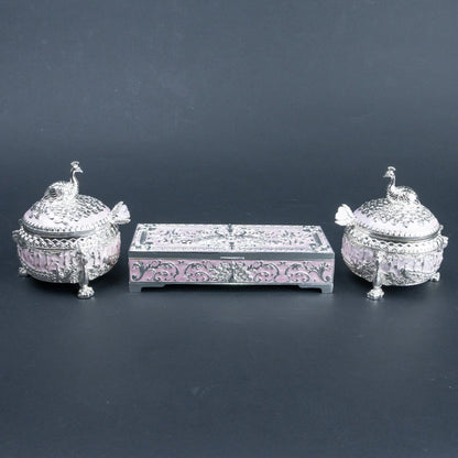 Royal Peacock 3-Piece Dry Fruit Box Set with Ornate Peacock Lids and Decorative Storage Case | Luxury Festive Diwali Gift for Home
