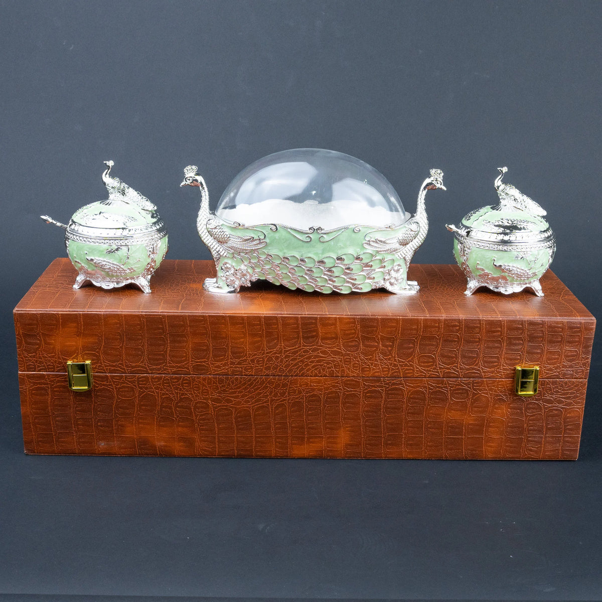 Ghar Art Royal Peacock 3-piece dry fruit box set in emerald green and silver with decorative storage case