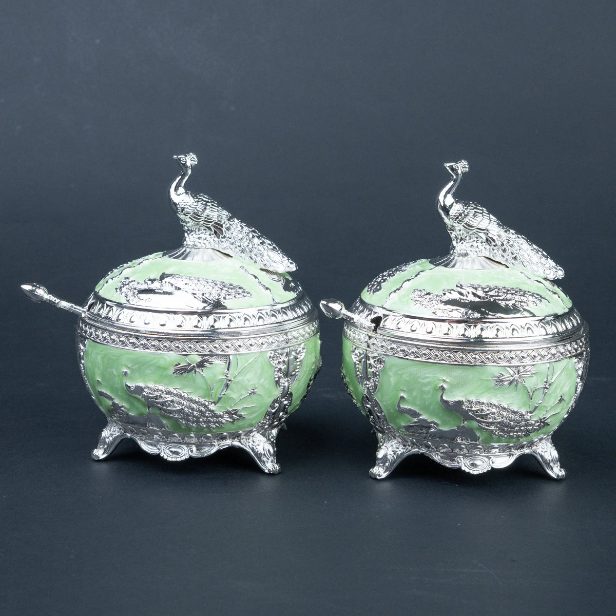 Luxury peacock dry fruit serving set displayed in Ghar Art festive storage case