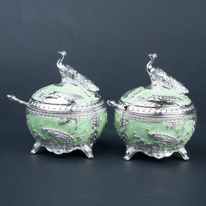 Luxury peacock dry fruit serving set displayed in Ghar Art festive storage case