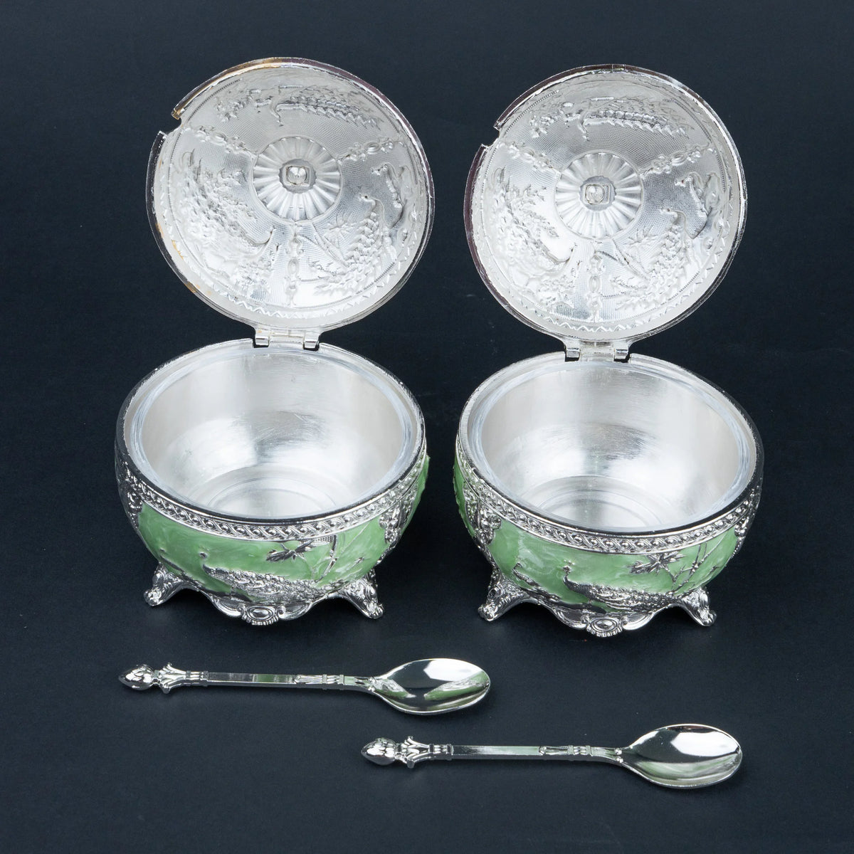 Emerald green peacock dry fruit box set with ornate silver detailing for Diwali gifting
