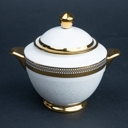 Ghar Art Heritage White 15-Piece Tea Set with Teapot, 6 Cups, 6 Saucers, Sugar Bowl and Creamer | White Ceramic with Gold Detailing and Luxury Presentation Case | Diwali Gift