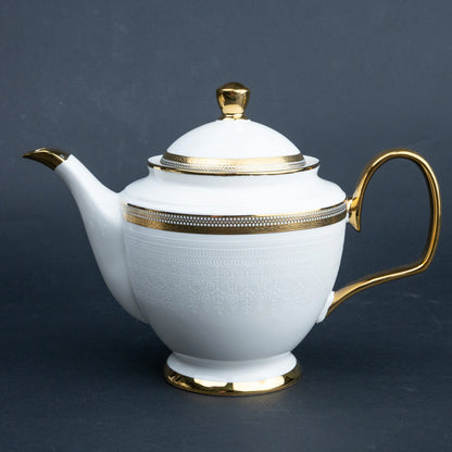 Ghar Art Heritage White 15-Piece Tea Set with Teapot, 6 Cups, 6 Saucers, Sugar Bowl and Creamer | White Ceramic with Gold Detailing and Luxury Presentation Case | Diwali Gift