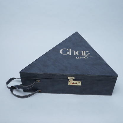 A dark navy blue triangular presentation box with a textured finish, featuring the brand name 'Ghar art' in white script on the top surface. The box has a small gold-toned combination lock on the front and a matching dark handle