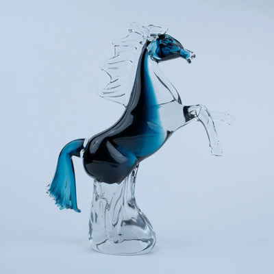 Blue Crystal Horse Figurine | Rearing Equine Tabletop Accent with Transparent Finish and Sapphire Blue Details for Modern Home and Office Décor
