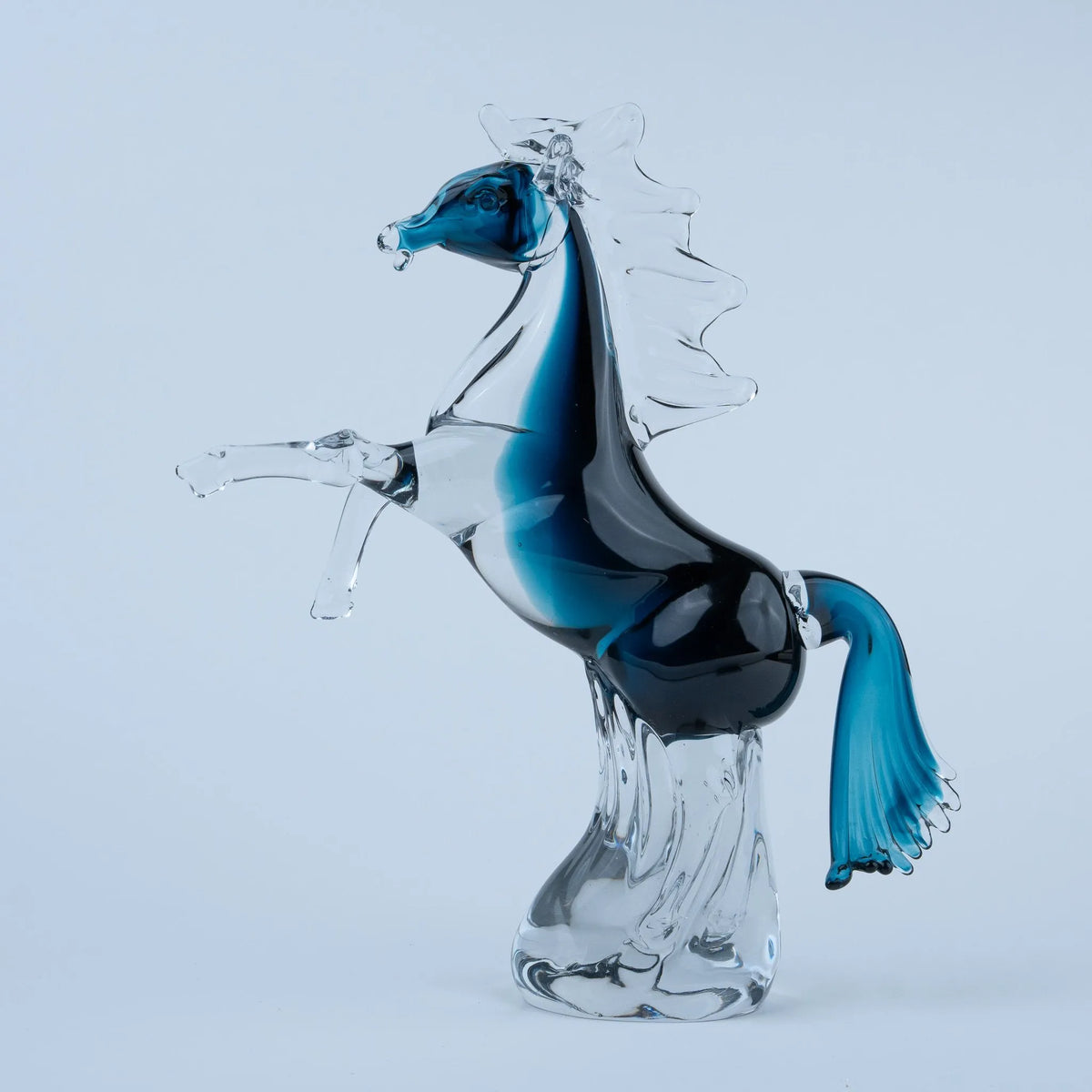 Blue horse decorative figurine with flowing clear mane and sapphire-blue tail