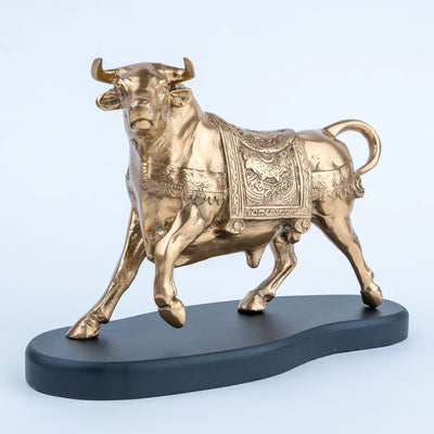 Golden Bull Figurine, Gold Finish Decorative Bull Statue with Ornate Engraved Details and Black Base for Living Room, Office, Console Table and Home Décor
