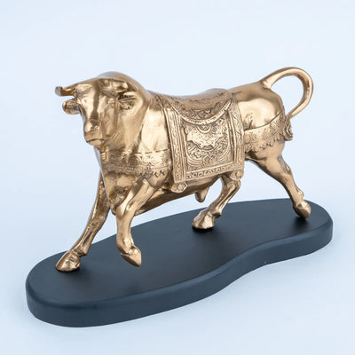 Golden Bull Figurine, Gold Finish Decorative Bull Statue with Ornate Engraved Details and Black Base for Living Room, Office, Console Table and Home Décor
