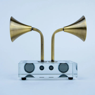 Brass Tone Dual Horn Speaker Showpiece, Retro-Inspired Decorative Accent with Clear Base for Living Room, Office Desk and Modern Interiors