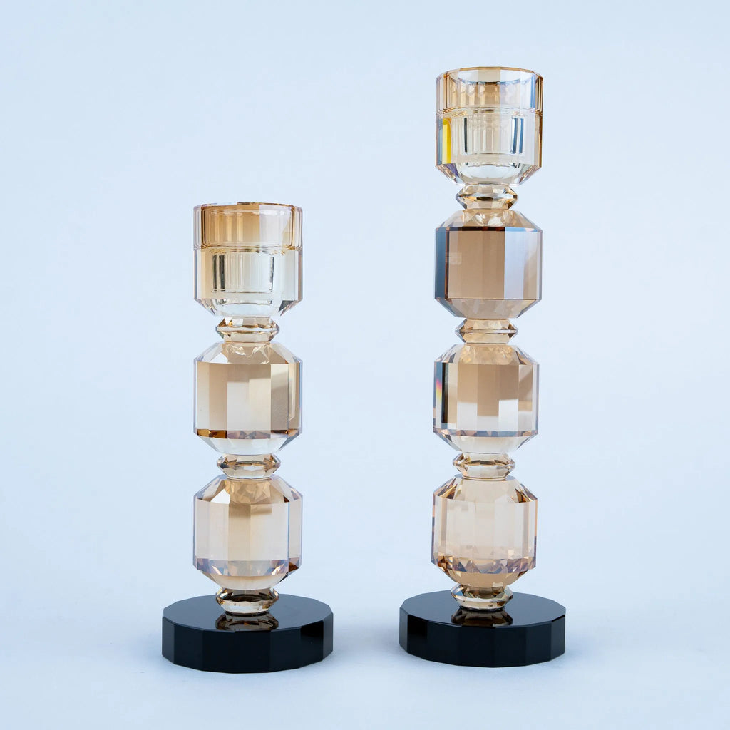 Champagne and amber geometric candle holder set of two with black bases