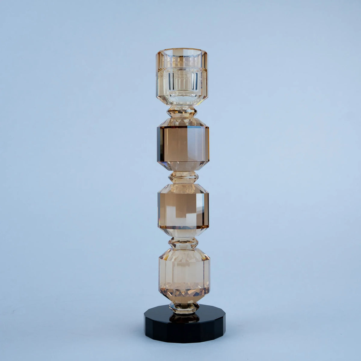 Champagne gold candle holder pair with faceted clear and amber detailing