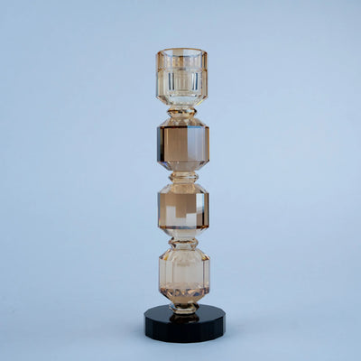 Geometric Crystal Candle Holders Set of 2, Champagne Amber Faceted Candle Stands with Black Bases for Dining Table, Console and Home Décor