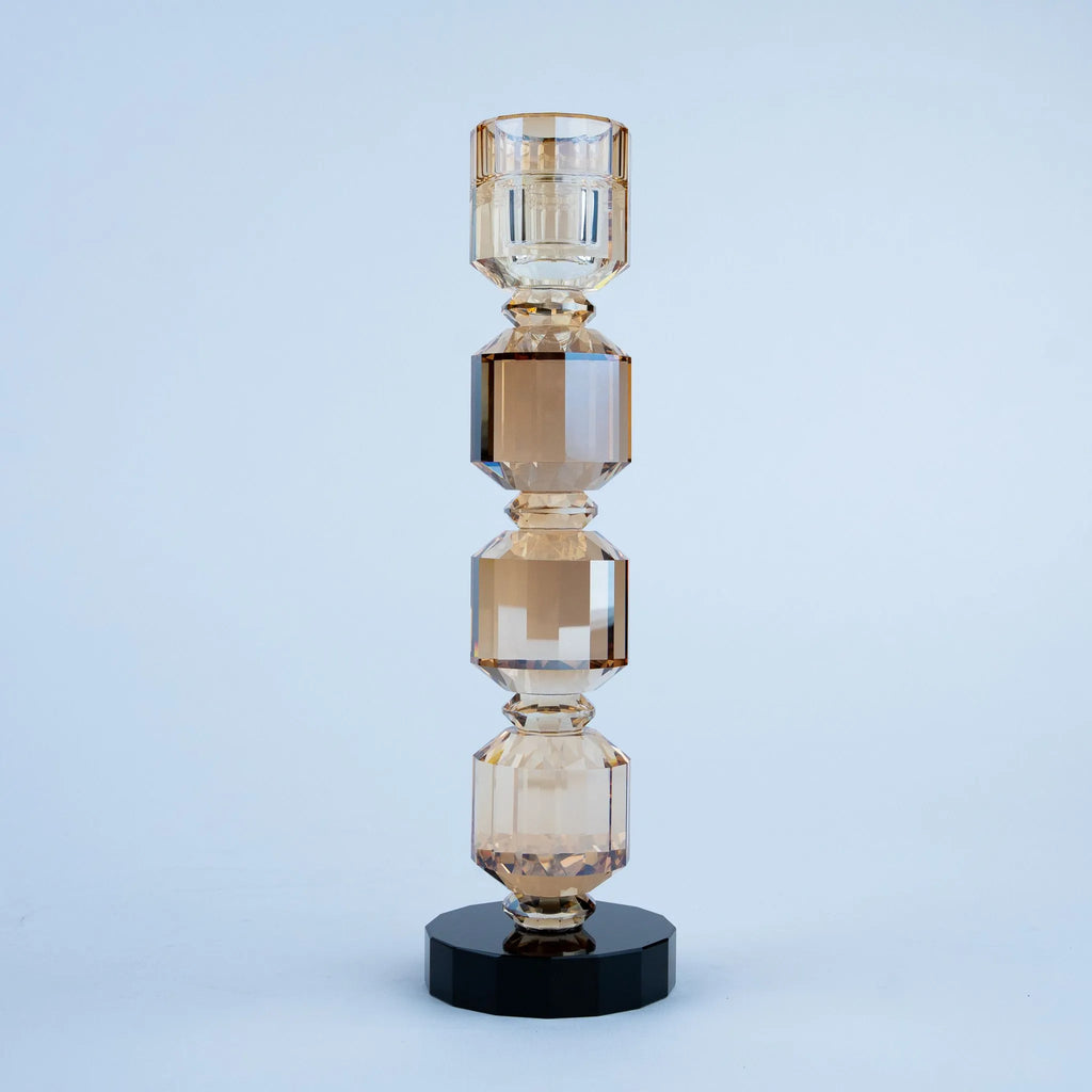 Geometric Crystal Candle Holders Set of 2, Champagne Amber Faceted Candle Stands with Black Bases for Dining Table, Console and Home Décor