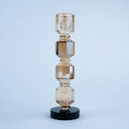Geometric Crystal Candle Holders Set of 2, Champagne Amber Faceted Candle Stands with Black Bases for Dining Table, Console and Home Décor
