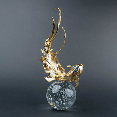 Gold Koi Fish Decorative Showpiece for Home Décor, Luxury Gold Fish Figurine with Blue Crystal-Like Details and Transparent Spherical Base for Living Room, Office and Tabletop Display