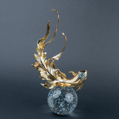 Gold Koi Fish Decorative Showpiece for Home Décor, Luxury Gold Fish Figurine with Blue Crystal-Like Details and Transparent Spherical Base for Living Room, Office and Tabletop Display