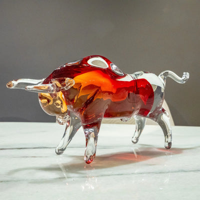 Ruby Red Bull Figurine | Transparent Decorative Bull with Amber Accents, Modern Animal Tabletop Decor for Living Room, Office and Console Table