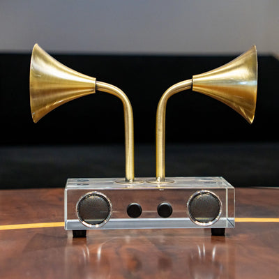 Brass Tone Dual Horn Speaker Showpiece, Retro-Inspired Decorative Accent with Clear Base for Living Room, Office Desk and Modern Interiors