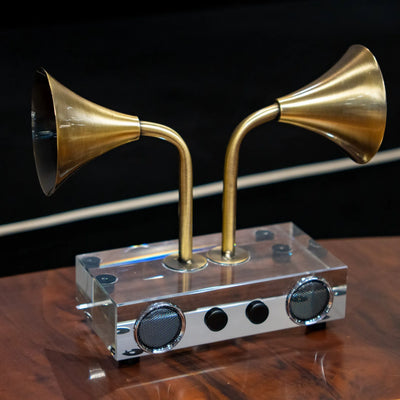 Brass Tone Dual Horn Speaker Showpiece, Retro-Inspired Decorative Accent with Clear Base for Living Room, Office Desk and Modern Interiors