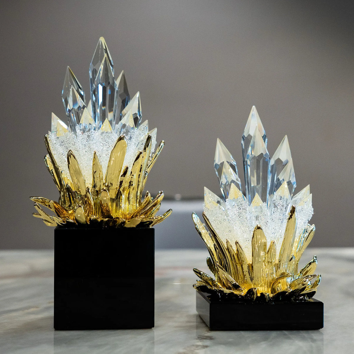 Crystal Flame Decor Set with large and small gold-tone accents on black bases