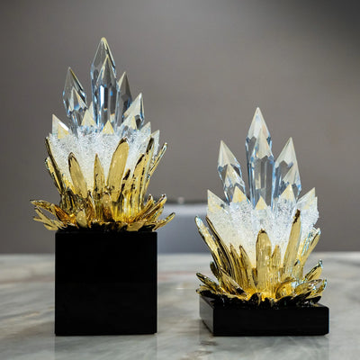 Crystal Flame Decor Set of 2 | Gold Finish Tabletop Ornaments with Clear Crystal-Like Accents and Black Bases, Modern Luxury Home Décor