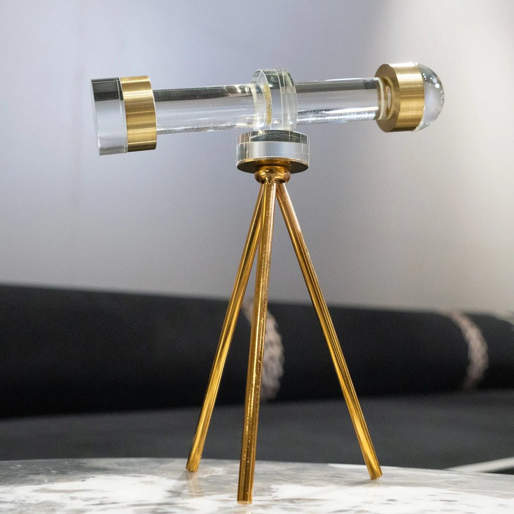 Decorative telescope table accent with transparent barrel and gold-toned end