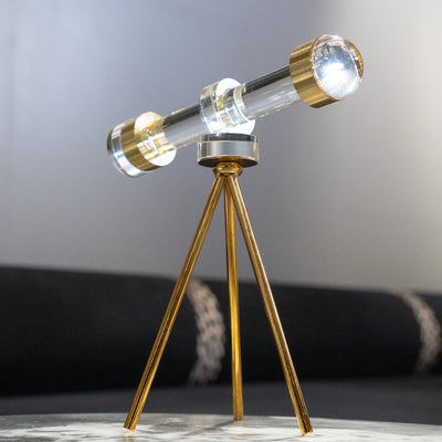 Telescope Inspired Table Décor, Clear Cylindrical Design with Gold-Toned Details and Tripod Stand for Living Room, Office Desk and Study