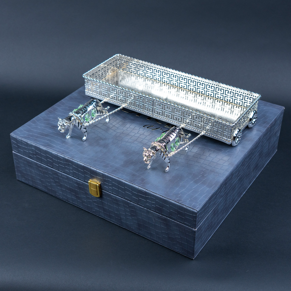 Tiger Motif Decorative Tray | Silver Tone Geometric Tabletop Accent with Green Details for Console Styling and Festive Hosting